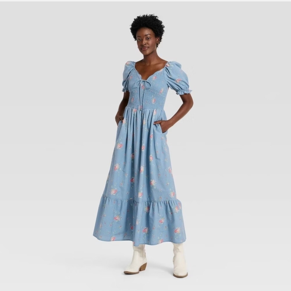 Women's Western Puff Short Sleeve Smocked Midi A-Line Dress - Universal Thread